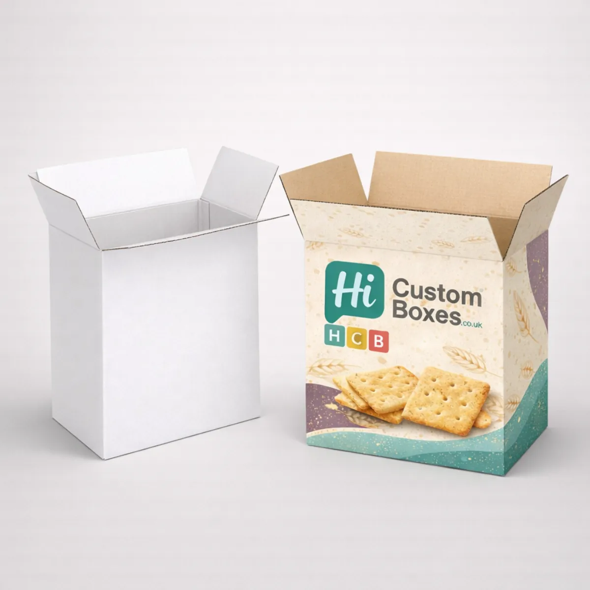 Wholesale corrugated cardboard boxes for crackers showing wheat graphics and an open white sample- class=